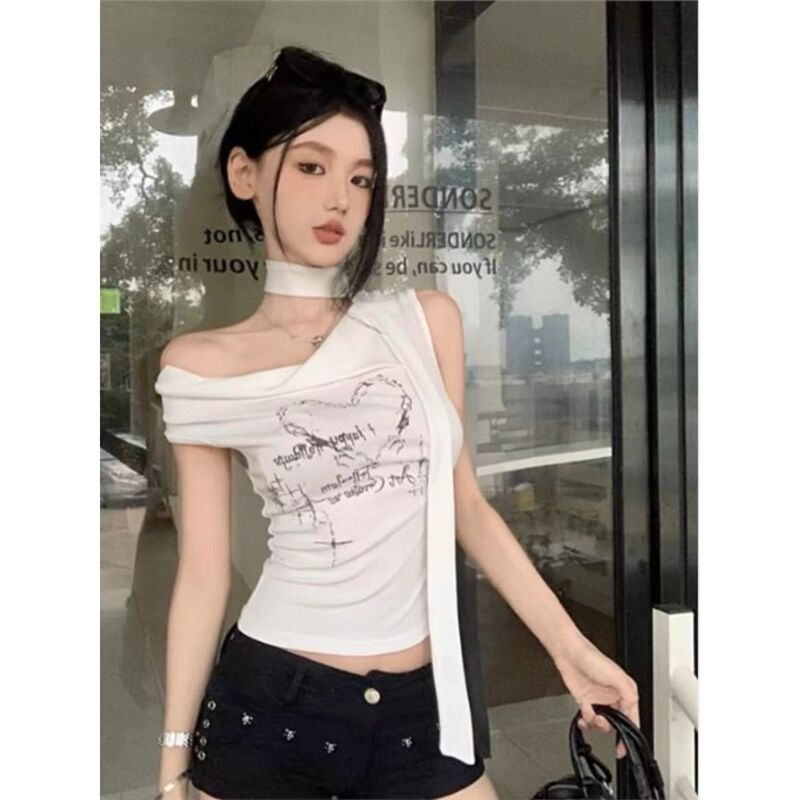 American Hot Girl Printed Swing Collar Sleeveless T-Shirt for Women Summer 2025 New Design Pleated Slim Short Top