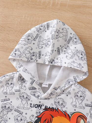 Cross-border INS Infants, children, boys, spring and autumn, fleece hooded lion print long-sleeved top and trouser set