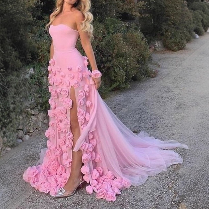 Pink Strapless Evening Dress for Banquet, Birthday Party, Floral Design, Fairy-Like Slit, Sexy, Slim-Fitting, Elegant Dress