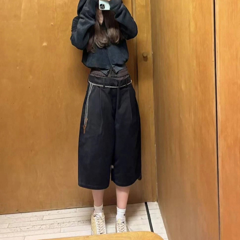 2025夏季新款小众拼色双腰头拼接牛仔裤宽松阔腿七分裤女|undefined