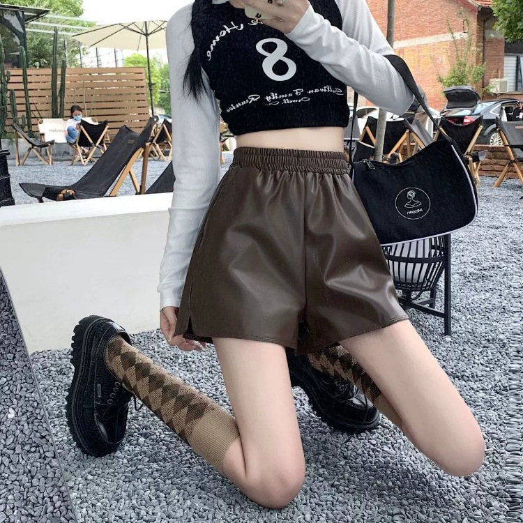 咖色皮短裤女秋冬新款高腰显瘦外穿A版阔腿裤时尚百搭潮流PU皮裤