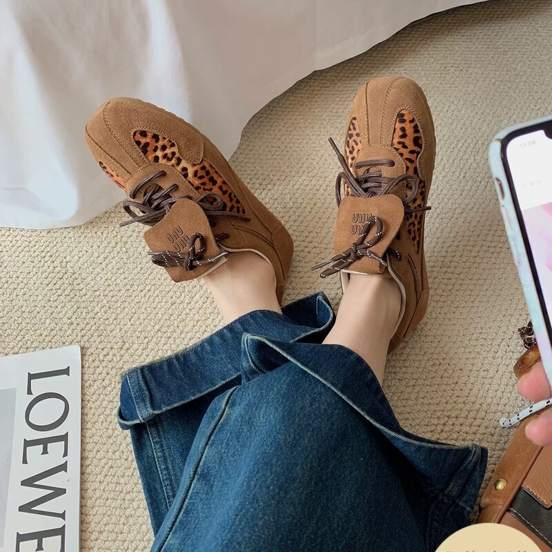 Grape Mom Same Style Miu Leopard American Style Retro Casual Flip Cover Desun Shoes Women's Sports Board Shoes Autumn and Winter