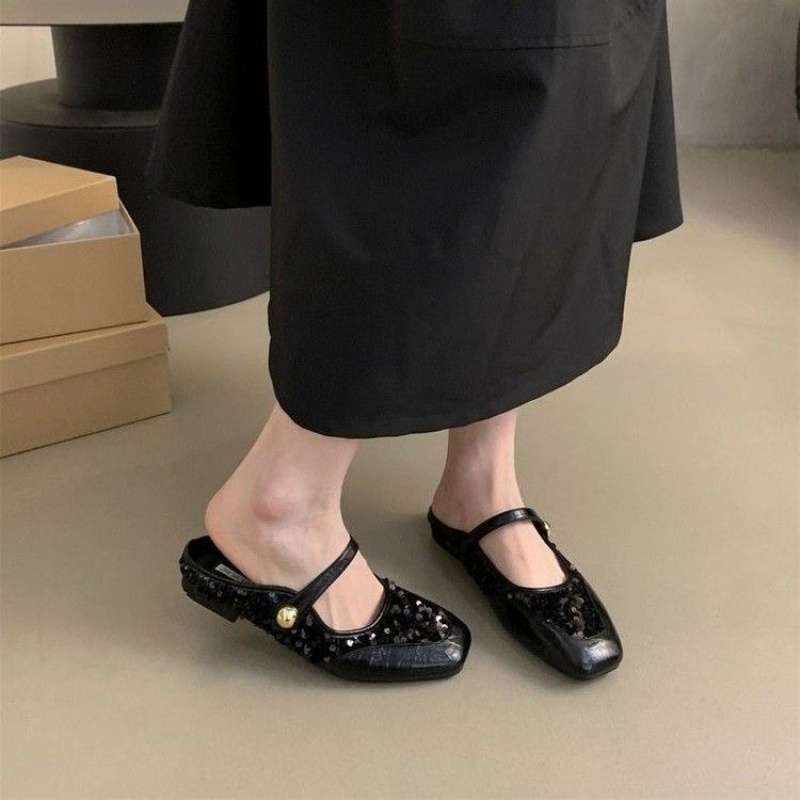 春夏の女性用フレンチスタイルハーフスリッパ、新しいスタイルのフラットソールスリッポン、ヒールなしの怠惰なビーニーシューズ、トレンディなシングルシューズ|undefined