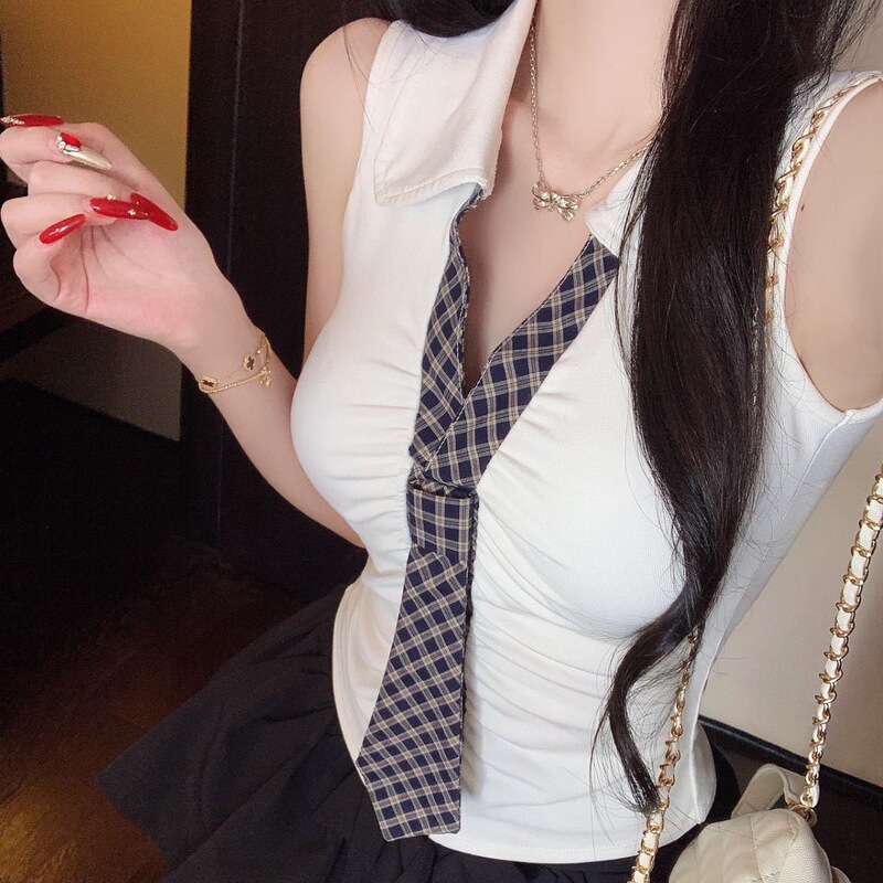 5557人棉时尚气质polo格纹领带背心带胸垫学院风假两件无袖T恤女|undefined