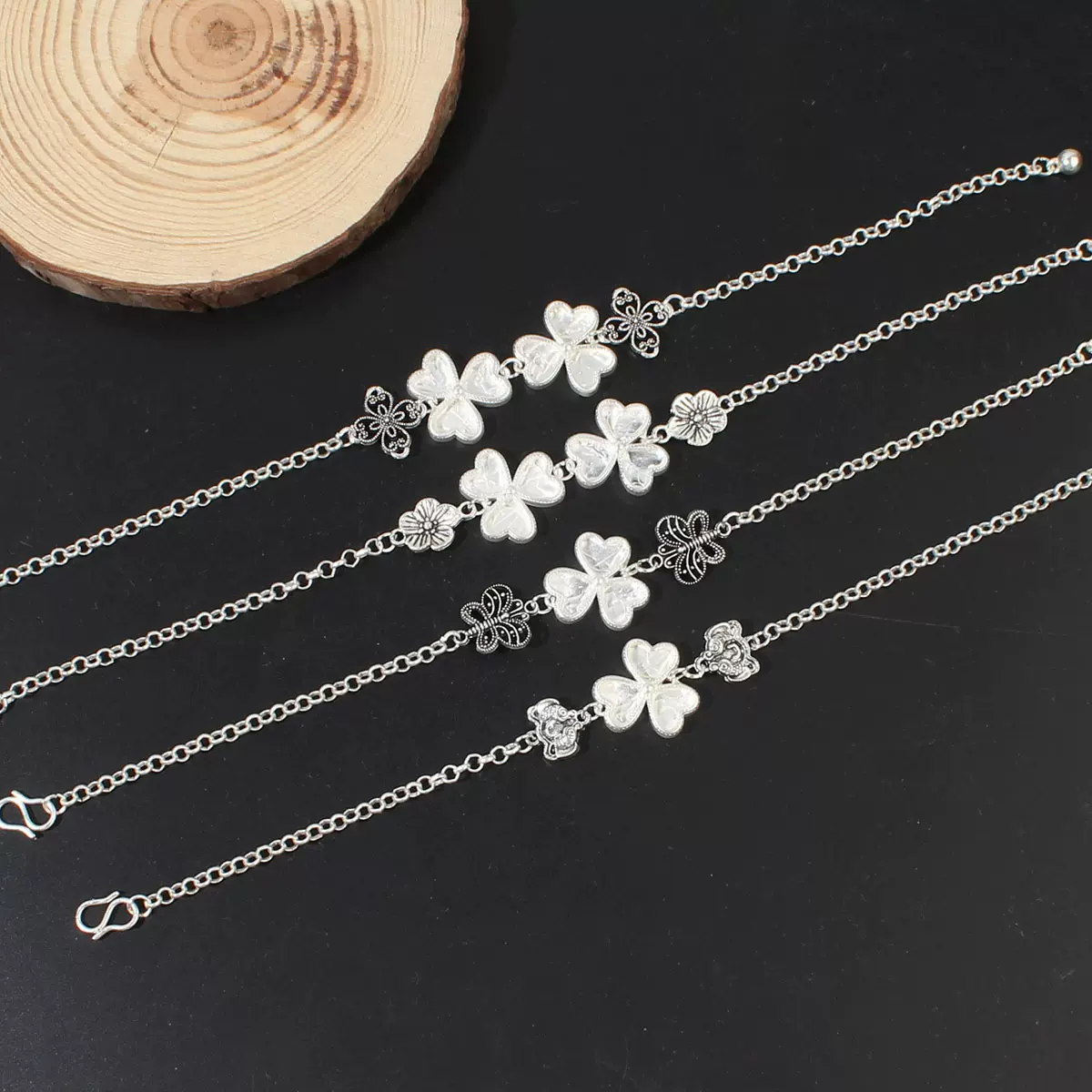 仿苗银民族风空托diy手链三叶草手饰镶绣片底托小蝴蝶爱心小鱼饰