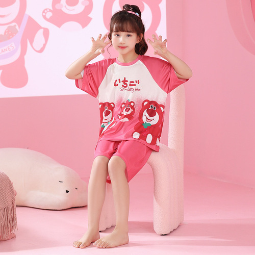 Girls pajamas summer ice silk short-sleeved thin children's suits summer mother-daughter parent-child home clothes for older children and girls