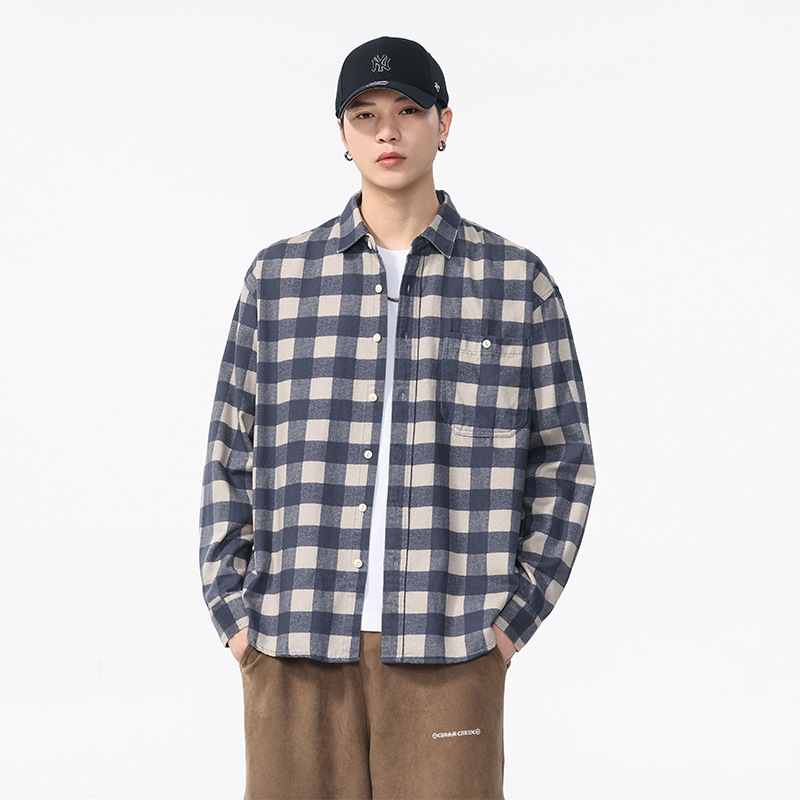 Lyocell Tencel Indigo Washed Plaid Shirt Men's Autumn American Fashion Brand New Loose Long Sleeve Shirt Jacket