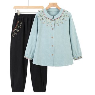 Spring and Autumn Clothing for Middle-Aged and Elderly Mothers, Fashionable Embroidered Loose Long-Sleeved Shirt Suit, Grandma Trousers Two-Piece Set for Women