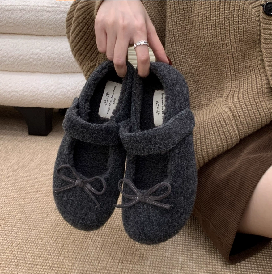 Женские туфли Mary Jane с бантиком, серая плюшевая модель Birkenstock, мелкая балетка-слипон с пушистым верхом