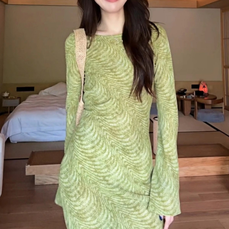 法式复古印花长袖连衣裙女2025夏季薄款高级感气质显瘦修身长裙子|undefined