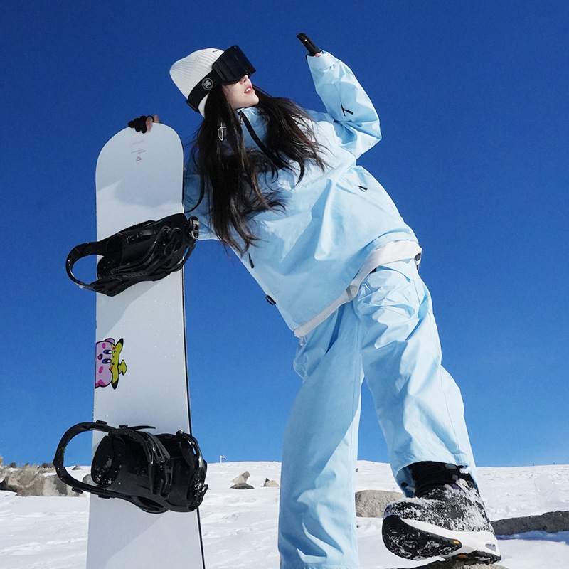 东北户外芭比蓝滑雪服套装女款宽松加厚套头连帽滑雪衣滑雪裤防水