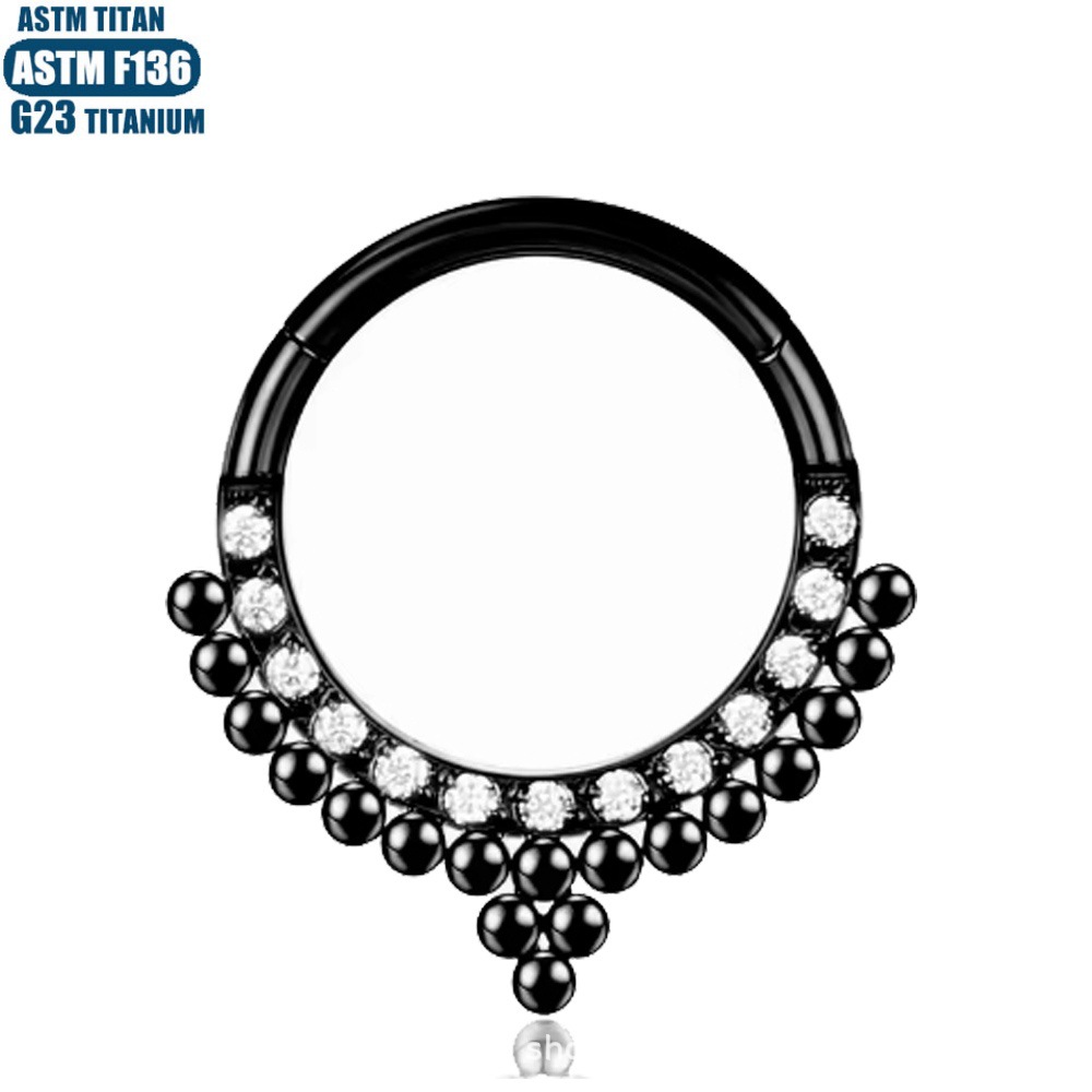 F136 Titanium Alloy Seamless Hinged Nose Ring Bead Cluster CZ Septum Earring - 1.2*12mm Black detail image 10