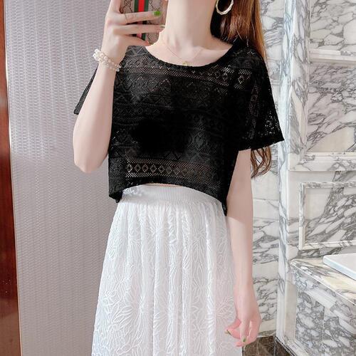 Women's Summer Thin Strap Dress with Overcoat, Cover-up Top, Short-Sleeve Sun Protection Hollowed Out Lace Net Tank Top