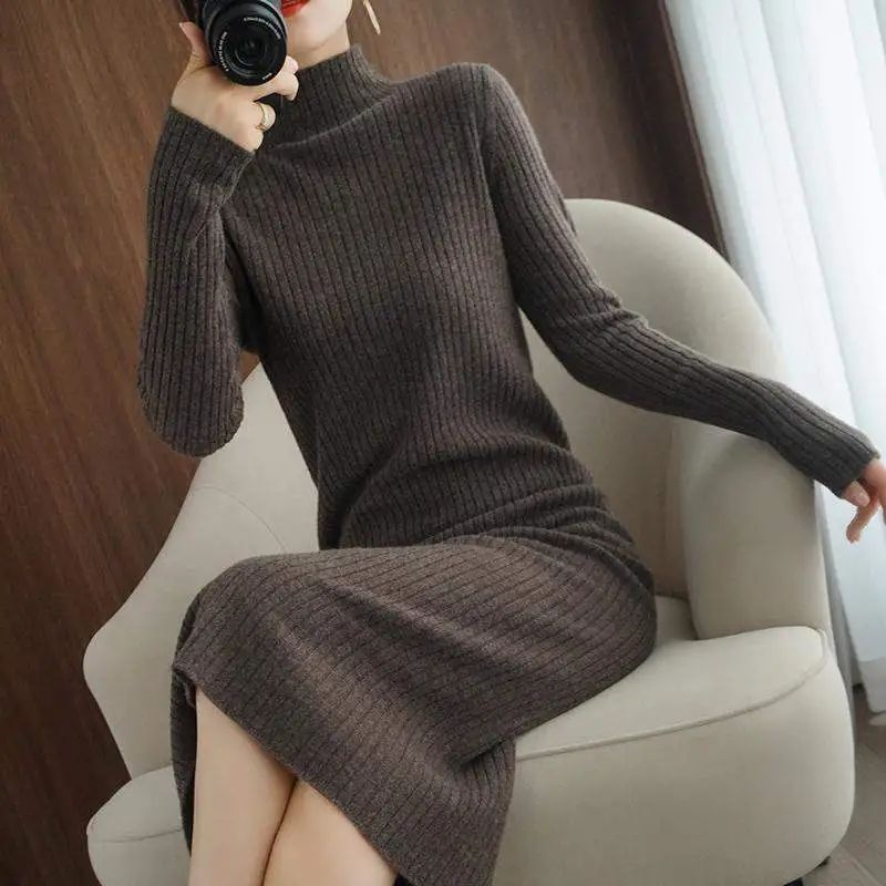 Long Over-The-Knee Knitwear Dress for Women, Half Turtleneck Slim Knitwear, Autumn and Winter Style Slimming Look Mid-Length Bottoming Dress