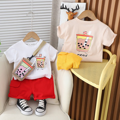 男童洋氣短袖套裝夏款時尚中小童炸街時尚帶包T恤短袖套裝代發潮