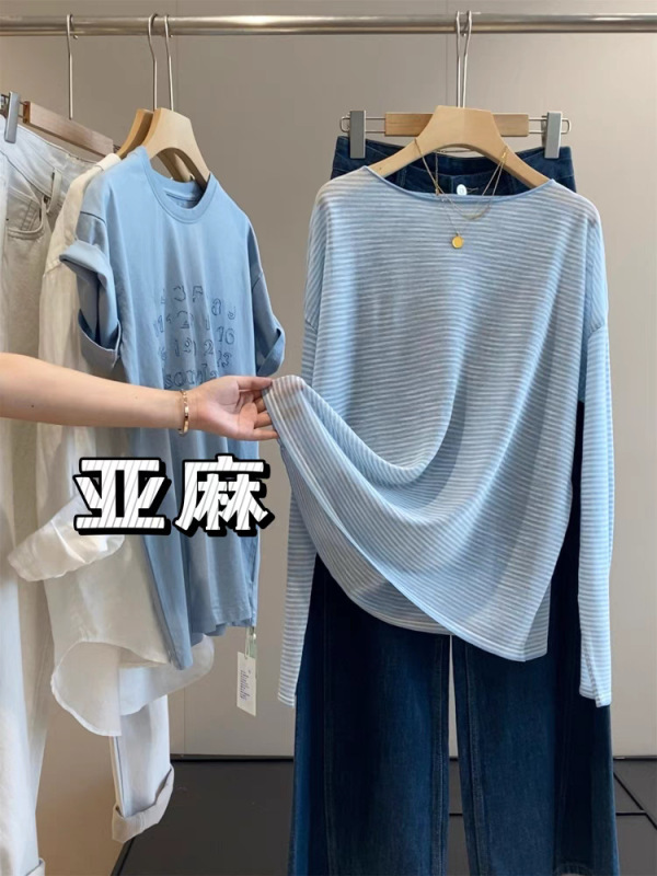 IN BLUE 高端线！亚麻混纺慵懒松弛感经典宽松条纹罩衫长袖T恤女|undefined