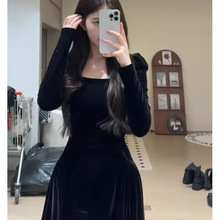 高级感黑色丝绒连衣裙2025冬季新款千金生日礼服金丝绒裙子女装冬