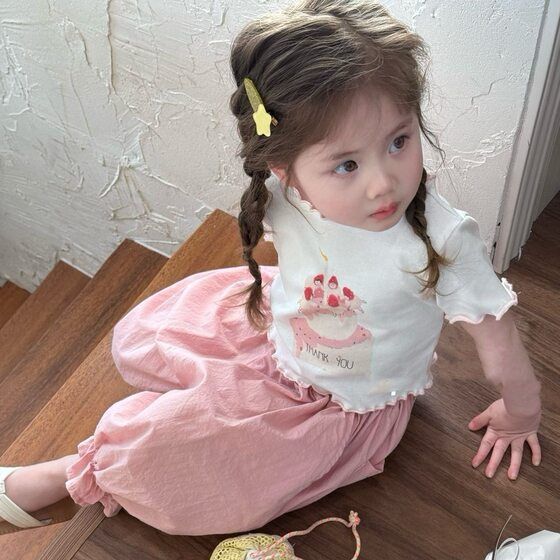 Children's suit Short-sleeved Western Style Summer 2024 New Girls Cartoon Cute Baby Printed Pink Two-piece Set