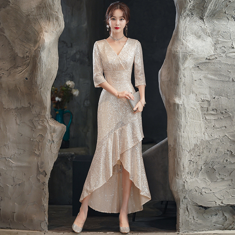 Vestido de noche de lentejuelas de champán para mujer, lujo ligero de alta gama, madre de nicho, anfitrión de banquete de bodas, falda de cola de pez, pequeño