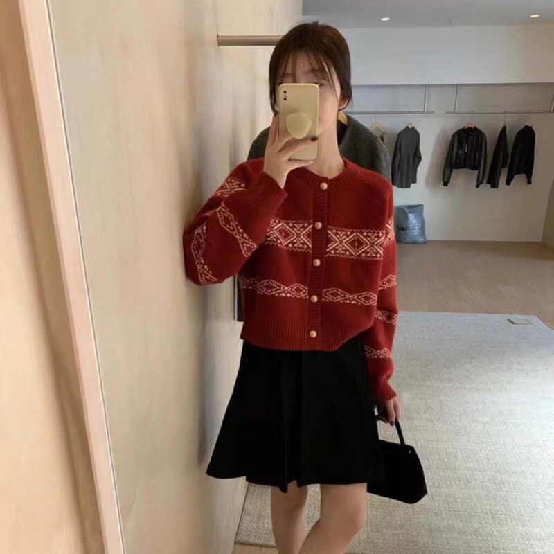 韩系复古撞色提花针织开衫女秋冬慵懒风设计感宽松长袖毛衣外套女|undefined