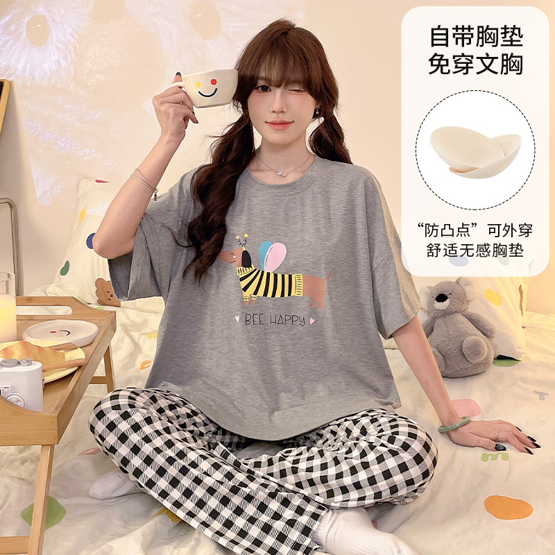 Women's Summer Modal Pullover Short-Sleeved Pants with Breast Pads, No Bra, Can Be Worn Outside, Home Wear Set