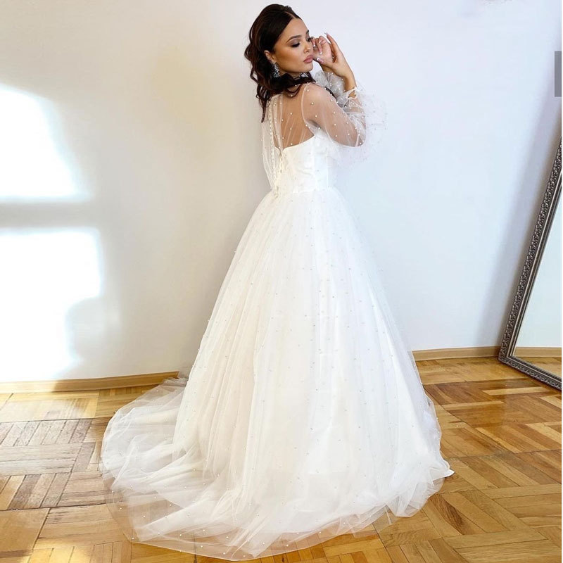 2024 europeo y americano Comercio exterior Amazon AliExpress deseo nuevo vestido de novia vestido de noche perla puff manga cuello redondo vestido de novia