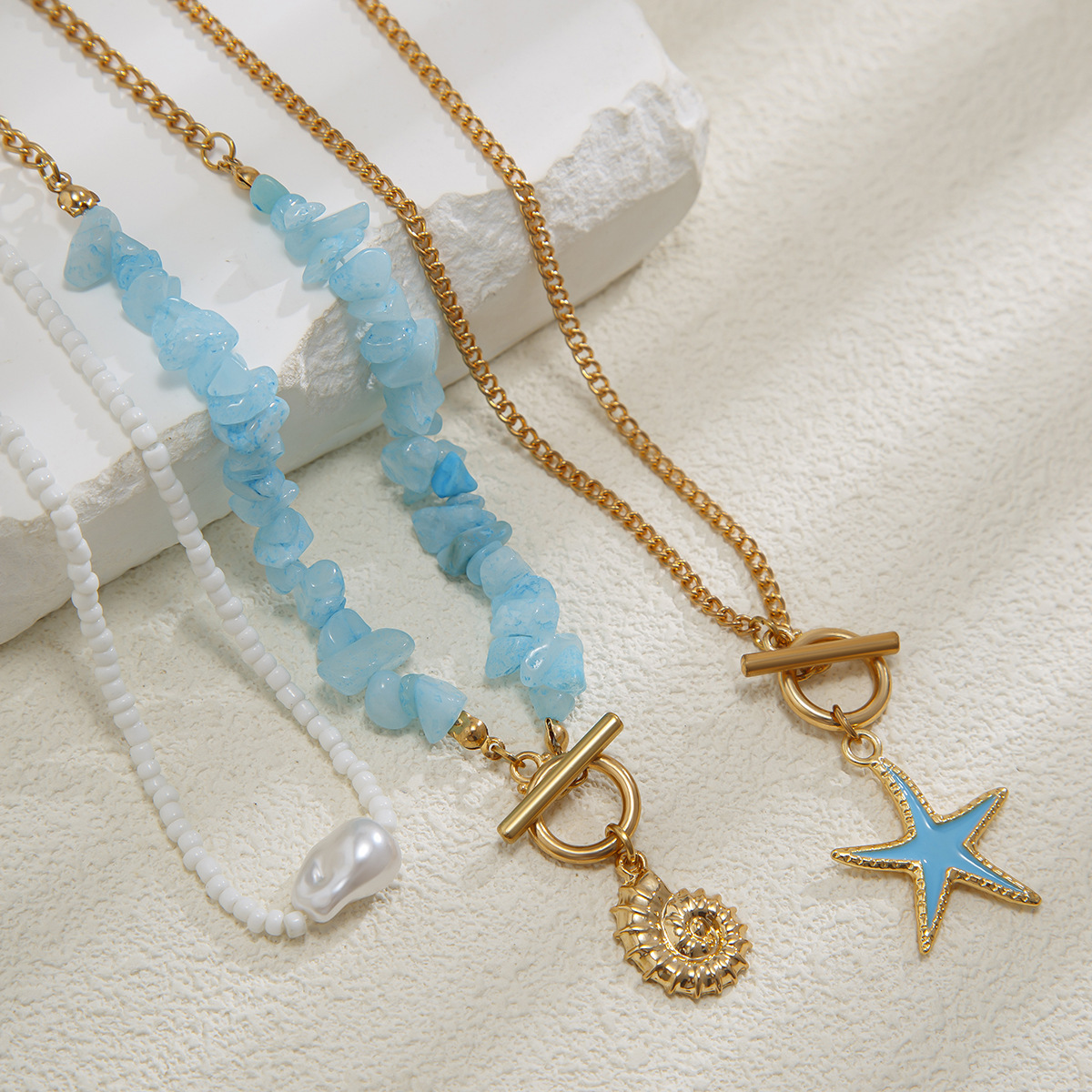 Star Pattern Vacation Star Alloy Turquoise Iron Cuban Link Chain Curb Chain Layered Necklaces Wholesale
