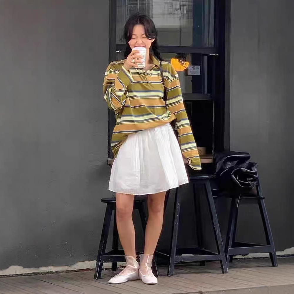 재고 높은 세트 MM 봄과 여름 새로운 남성과 여성의 편지 자수 스티커 느슨한 줄무늬 긴 소매 폴로 셔츠 탑