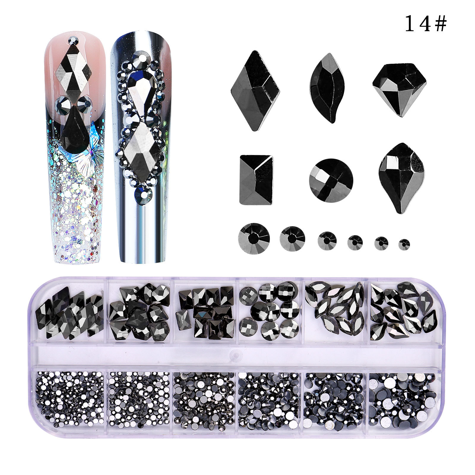 Transfronterizo nuevo taladro de uñas de 12 rejillas de forma especial diamante plano rhinestone AB joyería de uñas decoración de uñas de diamantes ventas directas de la fábrica