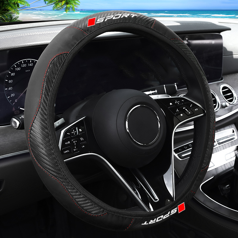 New Car Steering Wheel Cover with High-End Leather Carbon Fiber Pattern and Sporty Lettering, Suitable for All Seasons