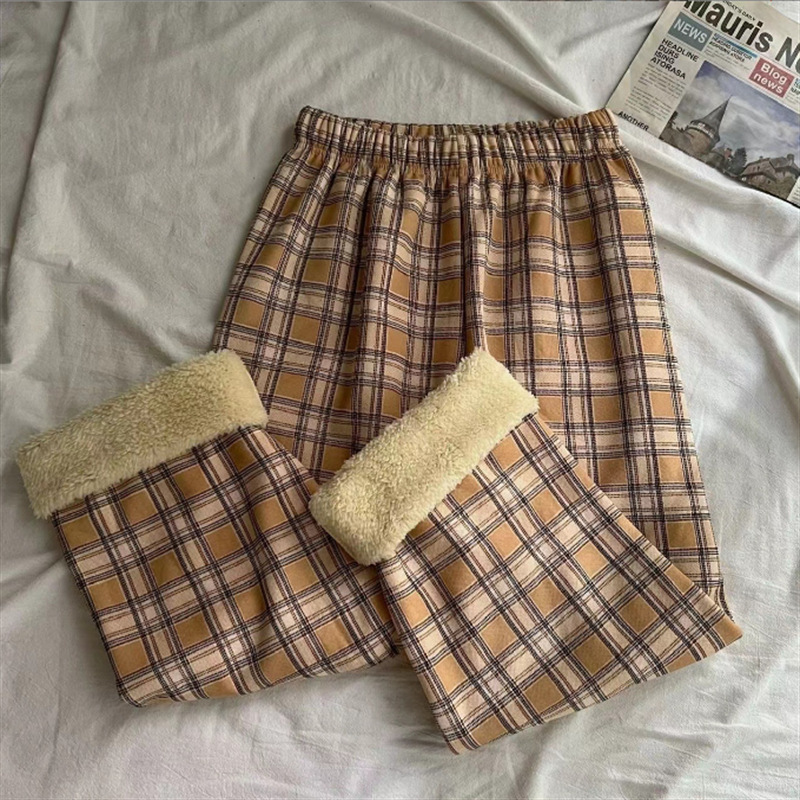 女性用の厚みのあるベルベットのチェック柄パンツ、新しい冬スタイル、スリムで多用途、ハイウエスト、ルーズ、カジュアル、ワイドレッグパンツ、ズボン|undefined