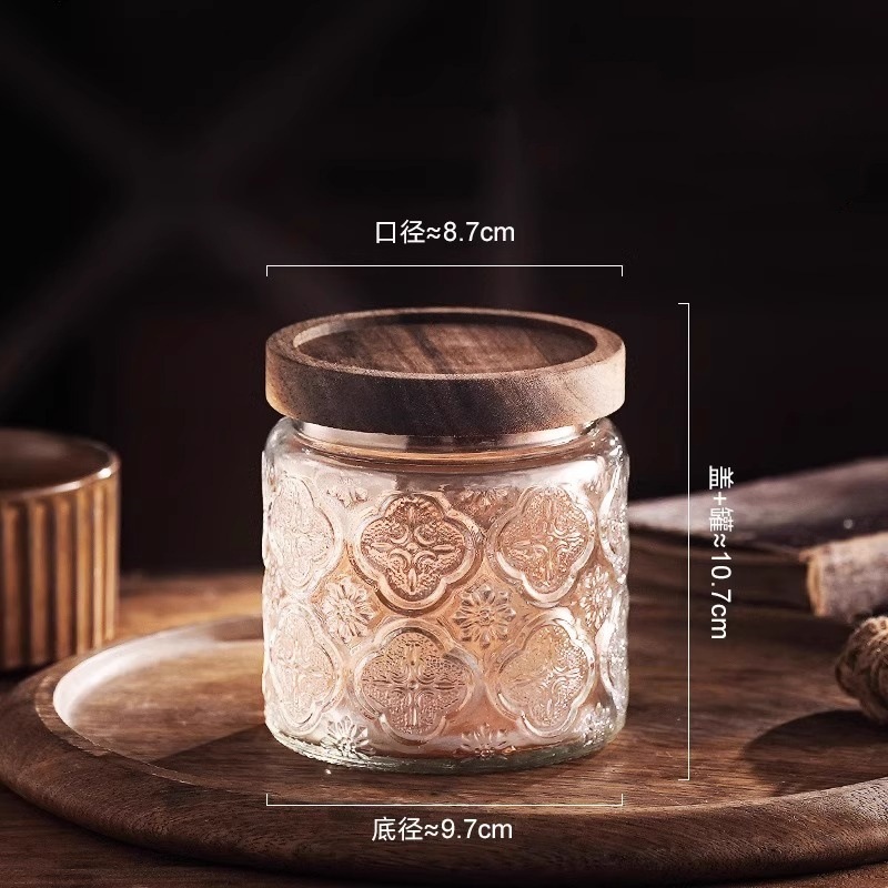 家庭用レトロベゴニアフラワーエンボスガラス茶缶和風穀物コーヒー豆保存瓶保存瓶密封瓶|undefined
