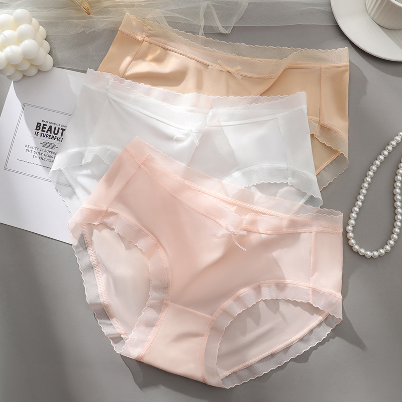 Entrepierna de algodón transpirable de verano para mujer Mediados de cintura linda chica borde de encaje triángulo pantalones cortos cabeza chica ropa interior sin costuras