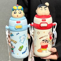 蜡笔小新儿童保温杯男女孩316不锈钢带吸管幼儿园可斜挎双饮水壶