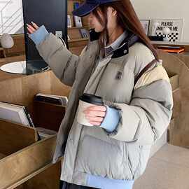 实拍韩系拼色羽绒服女2023年冬新款立领学生棉服面包服小个子外套