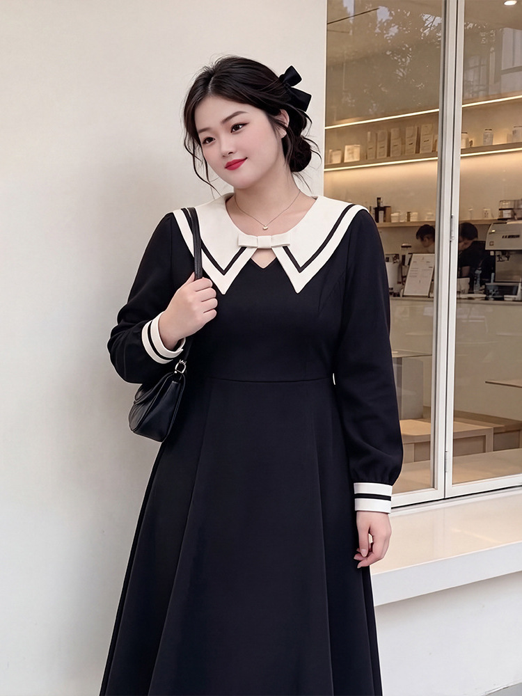 65-160kg Plus-Size Women's College-Style Dress for Spring and Autumn, Stylish Navy Collar Midi Dress with Added Fleece for Slightly Plump Figures 65-160kg Plus-Size Women's College-Style Dress for Spring and Autumn, Stylish Navy Collar Midi Dress with Added Fleece for Slightly Plump Figures