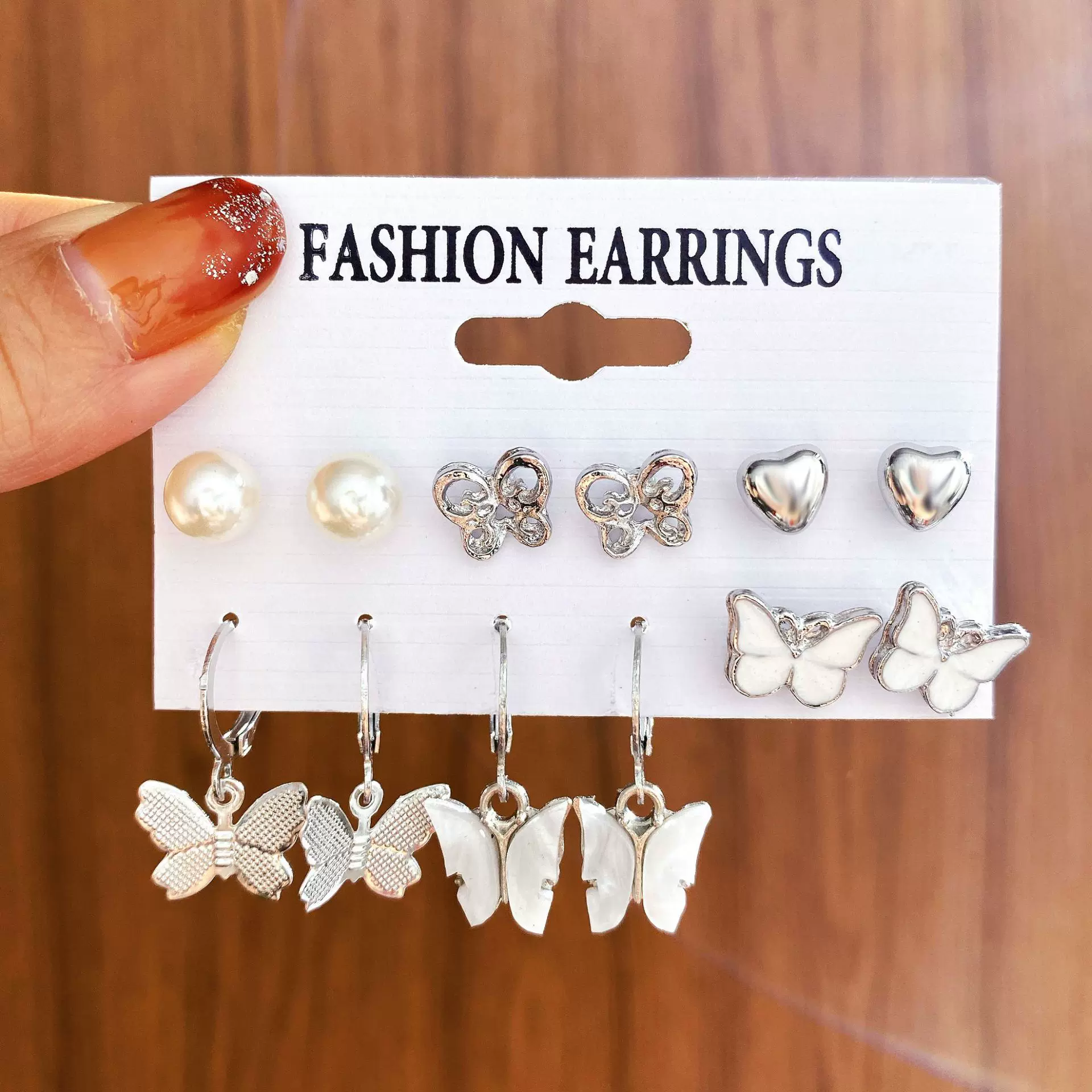 新款创意白色粉色蝴蝶吊坠耳环套装6件套欧美跨境耳环高质量批发