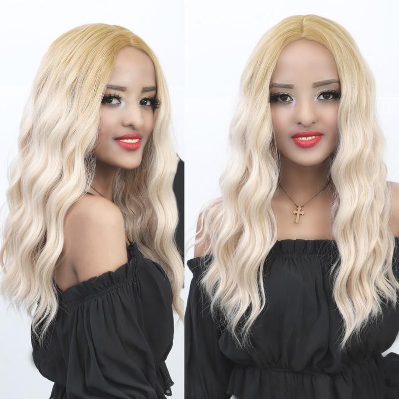 Amazon European and American wig ladies front lace ladies mid gradient blonde big wave curly hair