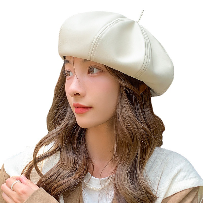 5261 Women Pu Leather Beret Beanie Cap French Style Winter Hat With Adjustable FEOYA Women Leather Beret Cap Fashion French Beret Hat  main image 2