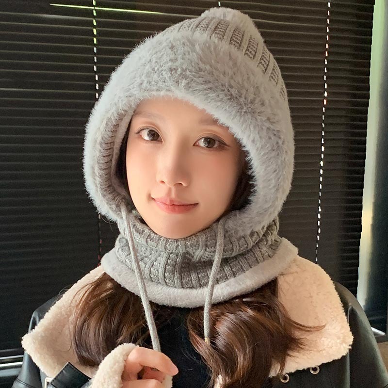 新款连体帽女冬季骑行加绒加厚遮脸护耳针织帽子围脖口罩保暖套件|undefined
