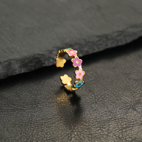 Cross-border stainless steel jewelry, fresh and sweet, colorful smiley face, flower opening, adjustable titanium steel ring, women's hand jewelry