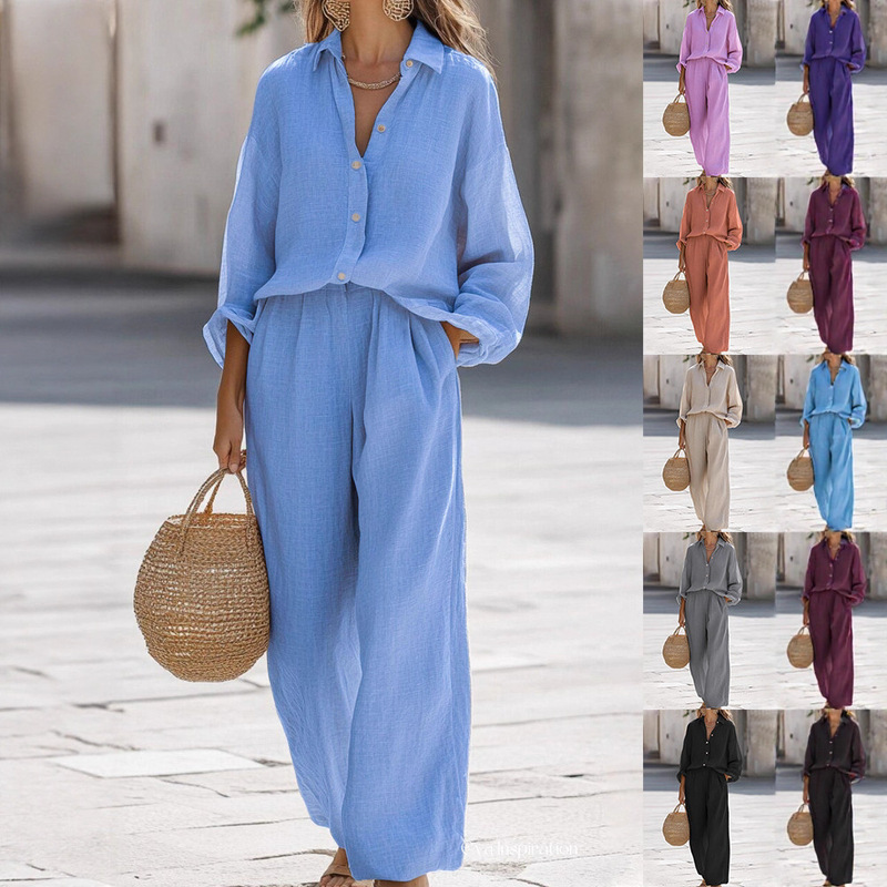 2025 Cross-Border Popular Foreign Trade New Women's Casual Lapel Long-Sleeved Shirt Pants Linen Cotton Multi-Color Women's Suit