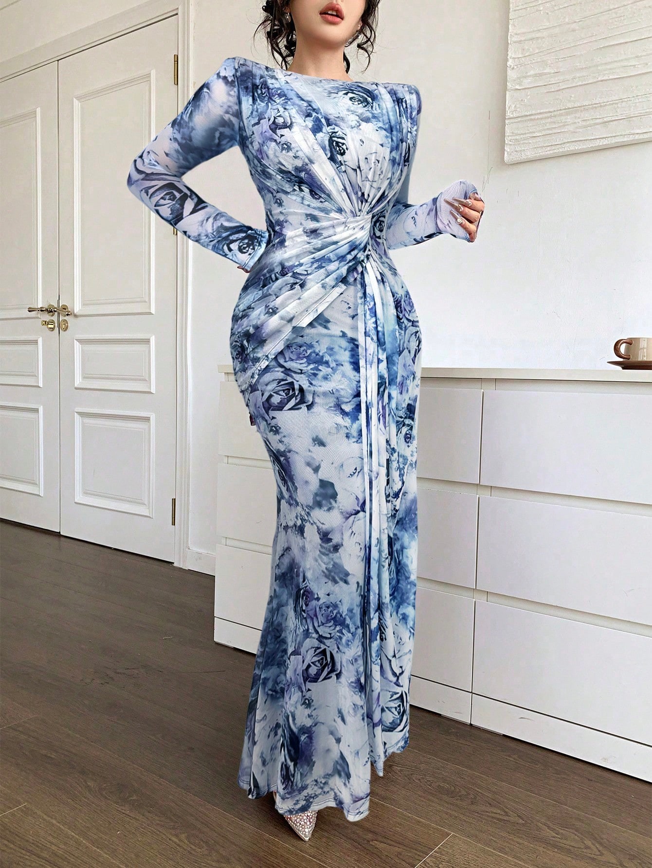 Summer Women's U Neck Long Sleeve Patchwork Slim Fit Printed Maxi Dress_ecoleips.com