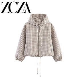 ZCZA 自制 欧美风 新款女装 时尚 百搭 跨境外贸格纹连帽拉链外套