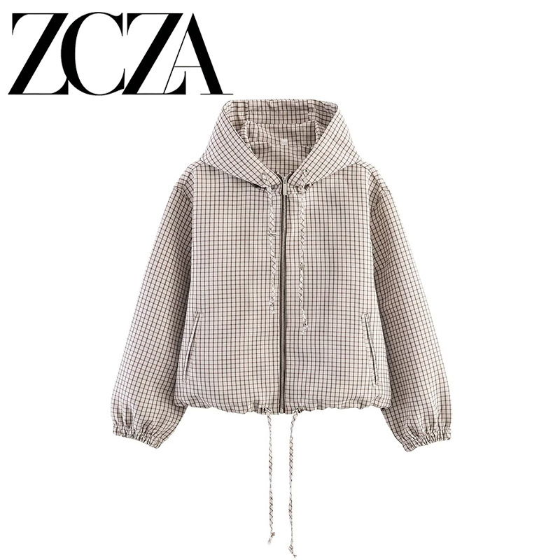 Zcza Self-Made European and American Style New Women's Fashion Versatile Cross-Border Trade Plaid Hooded Zipper Jacket Zcza Self-Made European and American Style New Women's Fashion Versatile Cross-Border Trade Plaid Hooded Zipper Jacket
