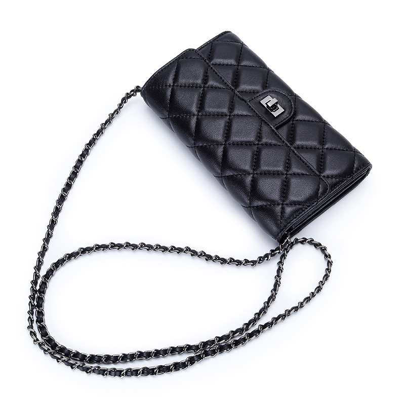 Genuine Leather Wallet for Women, Long Style, Sheepskin, Large Capacity, Can Hold Mobile Phone, Embroidered Quilted Chain Crossbody Small Bag