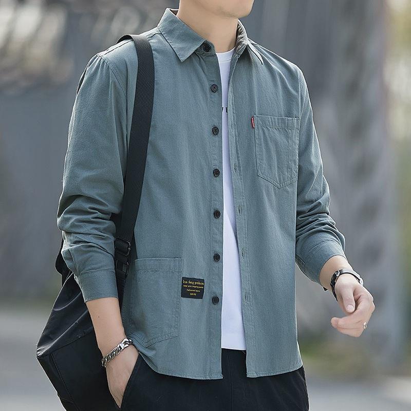 Men's Loose-Fitting Cotton No-Iron Long-Sleeve Casual Work Shirt for Spring and Autumn, Trendy and Energetic