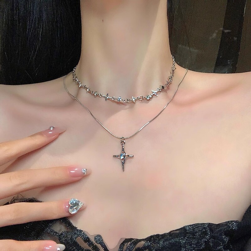 Double-Layer Stacked Cross Zircon Necklace Accessories for Women Ins Niche Design Clavicle Chain Necklace for Women Y2K Double-Layer Stacked Cross Zircon Necklace Accessories for Women Ins Niche Design Clavicle Chain Necklace for Women Y2K