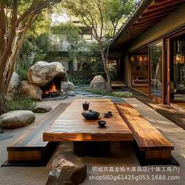 侘寂风老榆木榻榻米茶桌长条桌椅门板桌阳台飘窗桌实木小炕桌餐桌