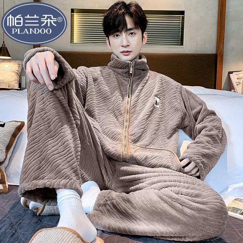 珊瑚绒睡衣男冬季加绒加厚保暖男士法兰绒加大码家居服套装